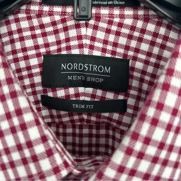 Nordstrom Red Check Button Down Shirt Trim Fit 100% Cotton Wrinkle Free Size 16" - Picture 3 of 7